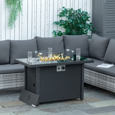 Outsunny 43 Inch Outdoor Propane Gas Fire Pit Table, 50,000 BTU Electric Ignition Gas Firepit with Glass Cover, Black Glass Tabletop and CSA Certification, Black