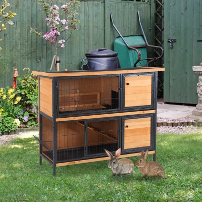 PawHut 48" 2-Floor Large Rabbit Hutch Wooden Pet House Metal Frame Bunny Cage Small Animal Habitat with Ramp Feeding Trough Lockable Doors Run Area Asphalt Roof for Outdoor Use