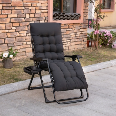 Outsunny Padded Zero Gravity Chair, Folding Recliner Chair, Patio Lounger with Cup Holder, Adjustable Backrest, Removable Cushion, Black
