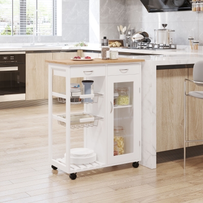 HOMCOM 34" Rolling Wood Kitchen Trolley Serving Cart with Drawer and Cabinet Wheeled Kitchen Storage Island White with Bamboo Top