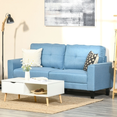 HOMCOM Mid-Century Loveseat Sofa with Upholstered Seat, Button-Tufted Back Cushion, Linen Fabric 2 Seater Couch with Arms and Rubber Wood Legs for Living Room, Bedroom Blue
