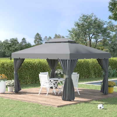 Outsunny 13' x 10' Outdoor Patio Gazebo Canopy with 2-Tier Polyester Roof, Vented Mesh Sidewall & Strong Aluminum Frame, Dark Grey