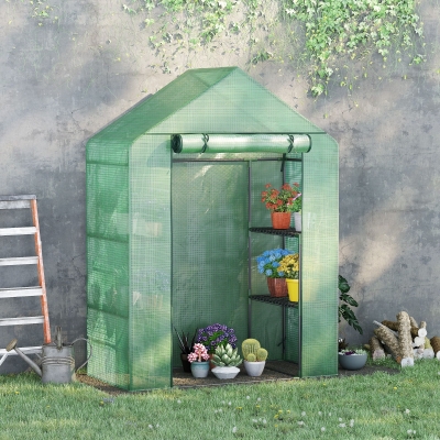Outsunny Walk In Greenhouse for Outdoor, Portable Gardening Plant Grow House with 2 Tier Shelf, Roll-Up Zippered Door, PE Cover, 55" W x 28" D x 75" H, Green
