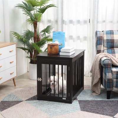 PawHut Wooden Dog Crate Furniture, Puppy Kennel End Table, Decorative Pet House with Front Door, Safety Lock, for Small & Medium Sized Dog, Coffee