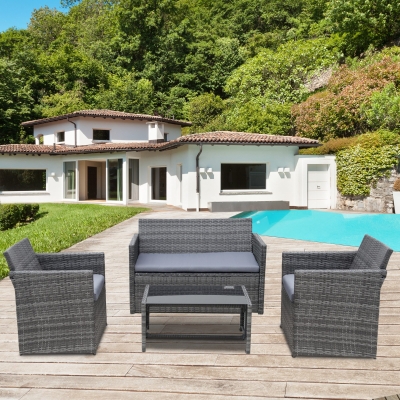Outsunny 4 pcs Rattan Garden Furniture Set, Outdoor Patio Conversation Sofa Set with 2-seater Chairs & Tempered Glass Coffee Table, Grey