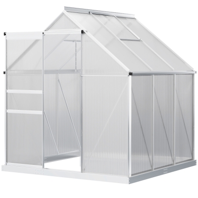 Outsunny 6' x 6' x 6.5' Aluminum Greenhouse, Polycarbonate Walk-in Garden Greenhouse Kit with Adjustable Roof Vent, Rain Gutter and Sliding Door for Winter, Silver