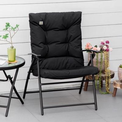 Outsunny Foldable Lounge Chair, Fabric Upholstered Recliner, Outdoor Lounger with Armrest, Metal Frame Camping Beach Chair for Poolside, Deck, Backyard, Black