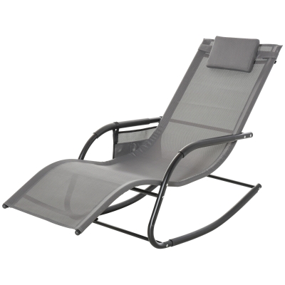 Outsunny Outdoor Rocking Chair, Patio Sling Sun Lounger, Pocket, Recliner Rocker, Lounge Chair with Detachable Pillow for Deck, Garden or Pool, Grey