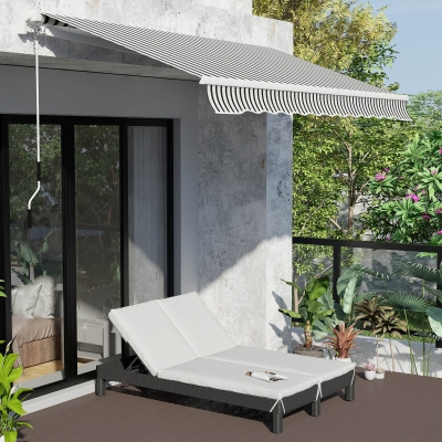 Outsunny Outdoor 2 Seater Double Rattan Sun Lounger Companion Reclining Recliner Wicker Weave Patio Furniture Cushioned, Black, Cream White