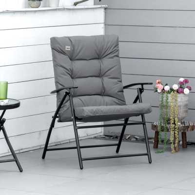 Outsunny Foldable Lounge Chair, Fabric Upholstered Recliner, Outdoor Lounger with Armrest, Metal Frame Camping Beach Chair for Poolside, Deck, Backyard, Grey