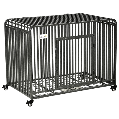 PawHut Heavy Duty Dog Crate, Foldable Kennel Cage, w/ Removable Tray, 4 Locking Wheels