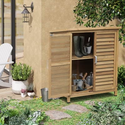Outsunny Garden Shed Wooden Garden Storage Shed 2 Door Unit Solid Fir Wood Garage Tool Organisation Cabinet, 34.25" L x 18.25" W x 38" H, Natural