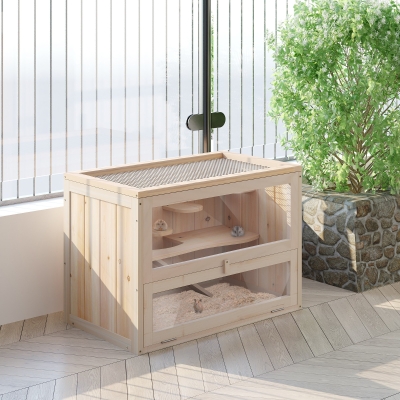 PawHut Wooden Hamster Cage Rabbit Guinea Pig Chinchilla Pet House 2 Levels Small Animals Habitat Home w/ openable roof & run space