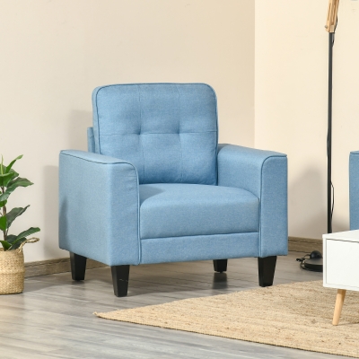 HOMCOM Button Tufted Armchair Modern Single Sofa Chair Upholstered Accent Chair with Rubber Wood Legs and Thick Padding Mid-Back for Living Room and Bedroom, Light Blue