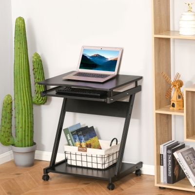 HOMCOM Movable Computer Desk with 4 Moving Wheels Sliding Keyboard Tray Home Office Workstation Black