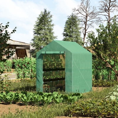 Outsunny 84"x 56" x 77" 2 Tier Greenhouse Outdoor Plant Garden PE Cover Steel Frame with Roll up Door, Green