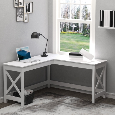 HOMCOM Home L-Shaped Desk Computer Desk Office Corner Writing Table Study Workstation, White Wood Grain