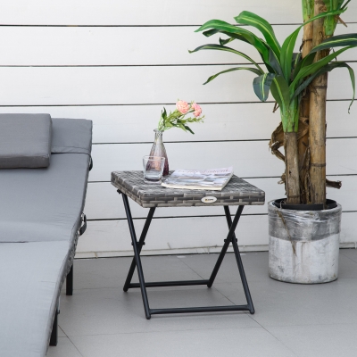 Outsunny Garden Small Folding Rattan Coffee Table Bistro Balcony Outdoor Wicker Grey