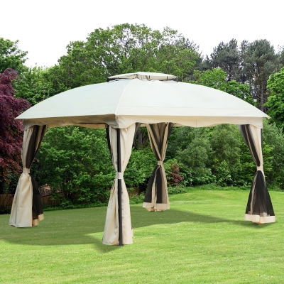 Outsunny 10x12ft Patio Gazebo Garden Pavilion Outdoor Canopy Tent Sun Shade 2 Tier Roof Hook w/ Curtain and Netting Steel Frame