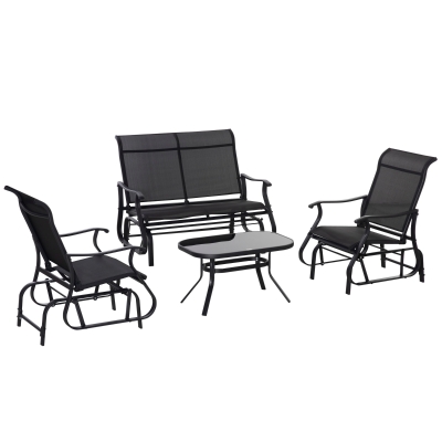 Outsunny 4 Pieces Patio Furniture Set, Outdoor Conversation Set with 2-Person Glider Patio Bench, Single Glider Sling Chair and Glass Coffee Table, Black