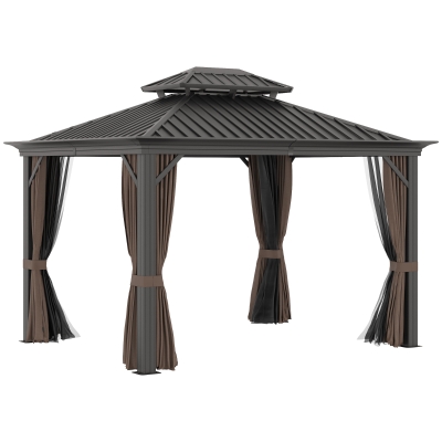 Outsunny 12' x 10' Backyard Garden Outdoor Canopy w/ Netting Sidewalls & Curtains, Brown