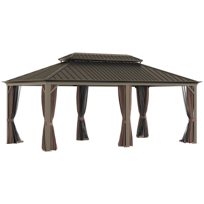 Outsunny 20' x 12' Hardtop Patio Gazebo Canopy Outdoor Pavilion with Galvanized Steel Frame, Netting Sidewalls, Curtains, Coffee