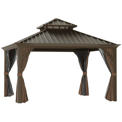 Outsunny 12' x 12' Hardtop Patio Gazebo Canopy Outdoor Pavilion with Galvanized Steel Frame, Netting Sidewalls, Curtains, Coffee