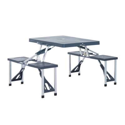 Outsunny Portable Folding Camping Table Set with Seats, Aluminum Picnic Table with Chairs and Umbrella Hole, Grey