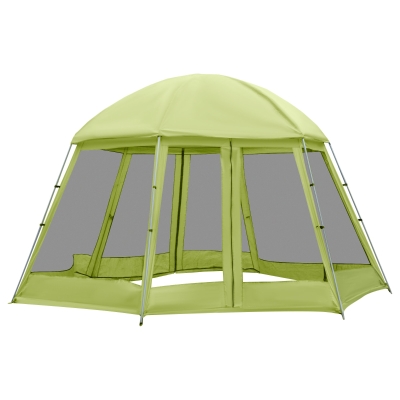 Outsunny Hexagon Shape Canopy Shelter Gazebo, Camping Outdoor Instant Setup Mesh Tent, Fits 6-8 People w/ Carry Bag & Ground Stakes, Green