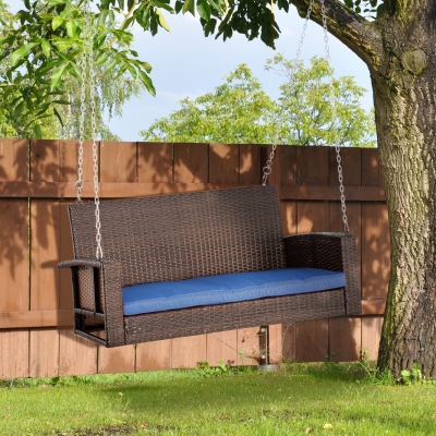 Outsunny 2-person Outdoor Wicker Porch Swing Chair Garden Rattan Hanging Bench with Cushion Yard Double Hammock Sun Lounge Seat, Dark Blue