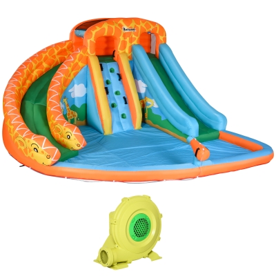 Outsunny 4-in-1 Kids Inflatable Bounce House Jumping Castle with 2 Slides, Climbing Wall, Pool Area & Water Gun