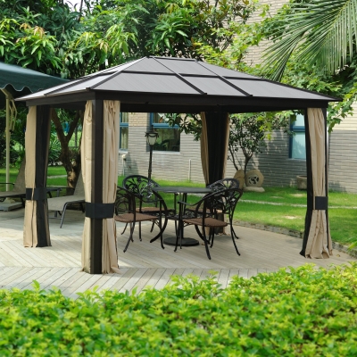 Outsunny 12'L x 10'W Hard Top Gazebo Canopy Sunshelter Waterproof Sun Shade with Sidewalls and Mosquito Netting