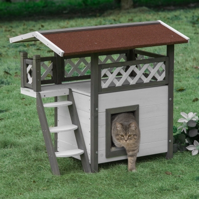 PawHut Outdoor Cat House, 2-Story Shelter for Feral Cats, Wooden Kitten Condo with Asphalt Roof, Stairs, Balcony, 30" x 20" x 29"