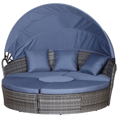 Outsunny 5 Piece Sofa Bed Outdoor Rattan Round Cushioned with Coffee Table Set - Grey / Blue