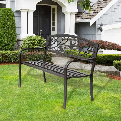 Outsunny 50" Vintage Bird Pattern Cast Iron Patio Bench - Brown