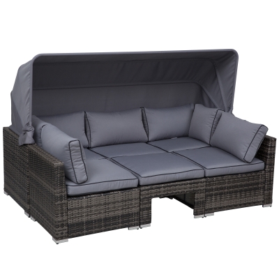 Outsunny 4 PCS Outdoor Rattan Sofa Set Retractable Canopy Patio Furniture Set w/ Cushions