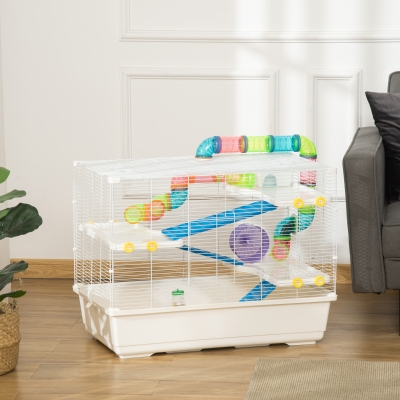 PawHut 31" Large Hamster Cage, Small Animal House, Multi-storey Gerbil Haven, Tunnel Tube System, with Water Bottle, Exercise Wheel, Food Dish, Ramps, White