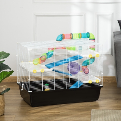 PawHut 31" Large Hamster Cage, Small Animal House, Multi-storey Gerbil Haven, Tunnel Tube System, with Water Bottle, Exercise Wheel, Food Dish, Ramps, Black