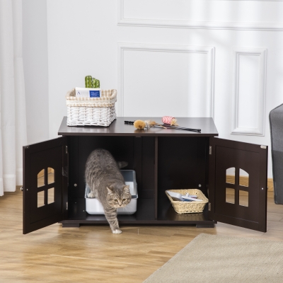 PawHut Cat Litter Box Enclosure Hidden Cat Furniture Cabinet Indoor Cat Washroom Double-door Nightstand End Table with Cat Hole Window Coffee