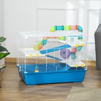 PawHut 31" Large Hamster Cage, Small Animal House, Multi-storey Gerbil Haven, Tunnel Tube System, with Water Bottle, Exercise Wheel, Food Dish, Ramps, Blue