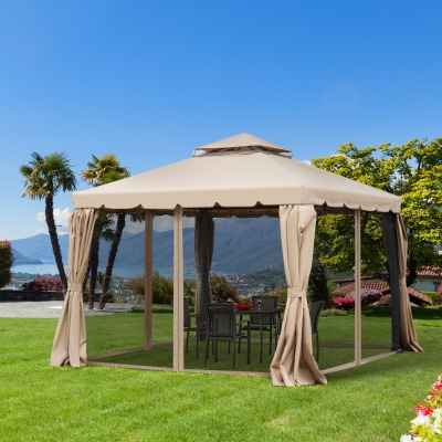 Outsunny 10' x 10' Outdoor Patio Gazebo Double Soft-top Garden Shelter Tent with Beautiful Polyester Curtains, & Mesh Screen Drapes, Khaki