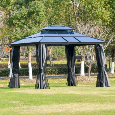 Outsunny 12' x 10' Polycarbonate Hardtop Gazebo Canopy Outdoor Double Tier Roof Aluminum Frame with Curtains, Netting Sidewalls Patio, Black