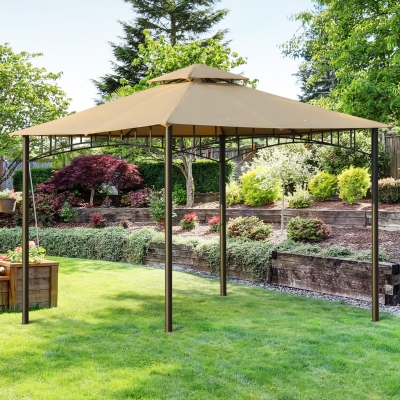Outsunny 10' x 10' Gazebo Canopy Party Tent Garden Pavilion Patio Shelter Outdoor with Double Tiered Roof, Steel Frame, Beige
