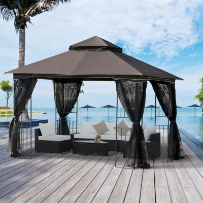 Outsunny 10' x 10' Outdoor Patio Gazebo Canopy with Double Tier Roof Removable Mesh Curtains Display Shelves Top Hooks Coffee