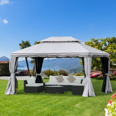 Outsunny 13' x 10' Outdoor Patio Gazebo Canopy with 2-Tier Polyester Roof Vented Mesh Sidewall & Strong Aluminum Frame Grey