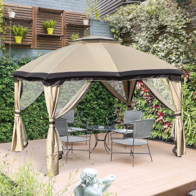Outsunny 12' x 10' 2-Tier Outdoor Gazebo Canopy Tent for Patio with Zippered Mesh Sidewalls, Solid Steel Frame, Arched Roof, Beige