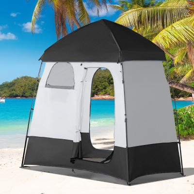 Outsunny Pop Up Shower Tent, Portable Privacy Shelter for 2 Persons, Changing Room with 2 Windows, 3 Doors, Carrying Bag, Grey and Black