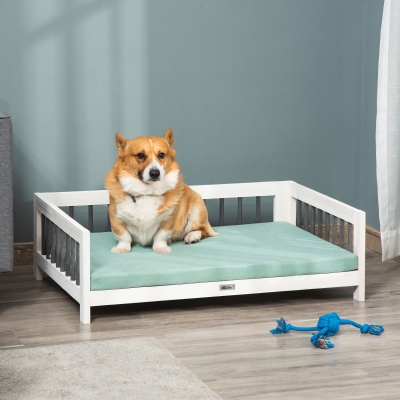 PawHut Elevated Dog Bed, Wooden Raised Pet Sofa, Portable Cat Lounge with Soft Cushion, Washable Cover for Small, Medium Dogs and Cats, White Blue