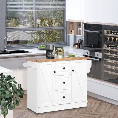 HOMCOM Modern Kitchen Island, Utility Cart on Wheels with Barn Door, Buffet Cabinet with 3 Drawers 2 Compartments, White
