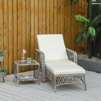 Outsunny Outdoor 2 PCS PE Rattan Sun Lounger, Patio Wicker Recliner Chair Furniture, Garden Chaise Lounge with 5-Level Adjustable Backrest, Cream White
